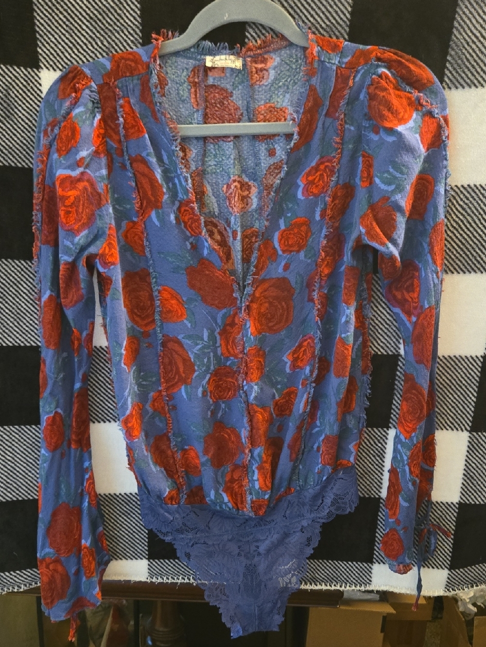 Free People Blue Bodysuit with Red Floral Burnout